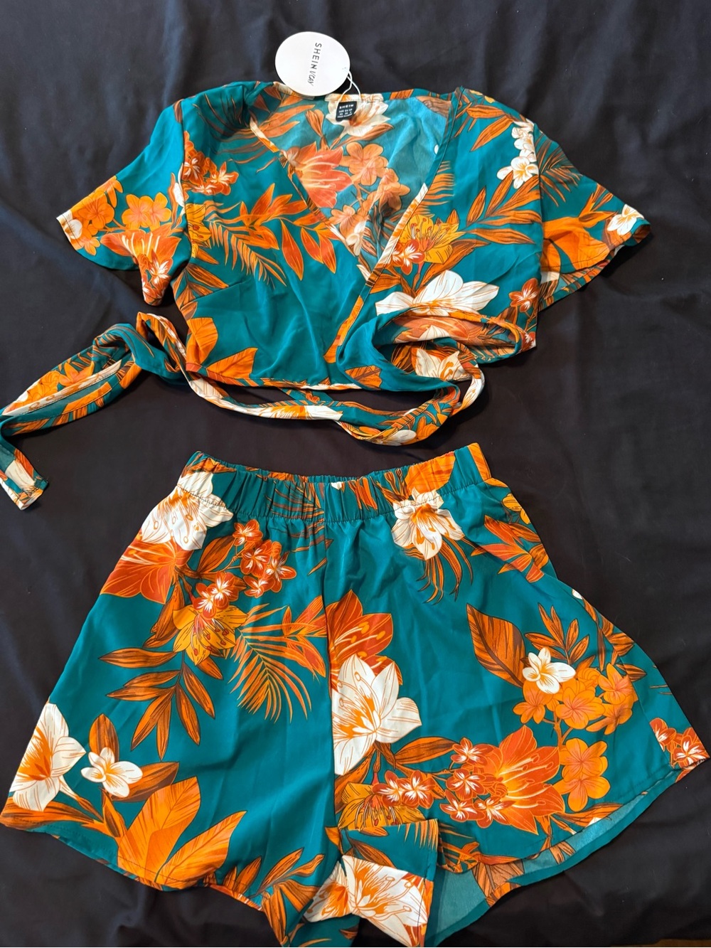 SHEIN Teal Floral Wrap Top with Orange Blooms